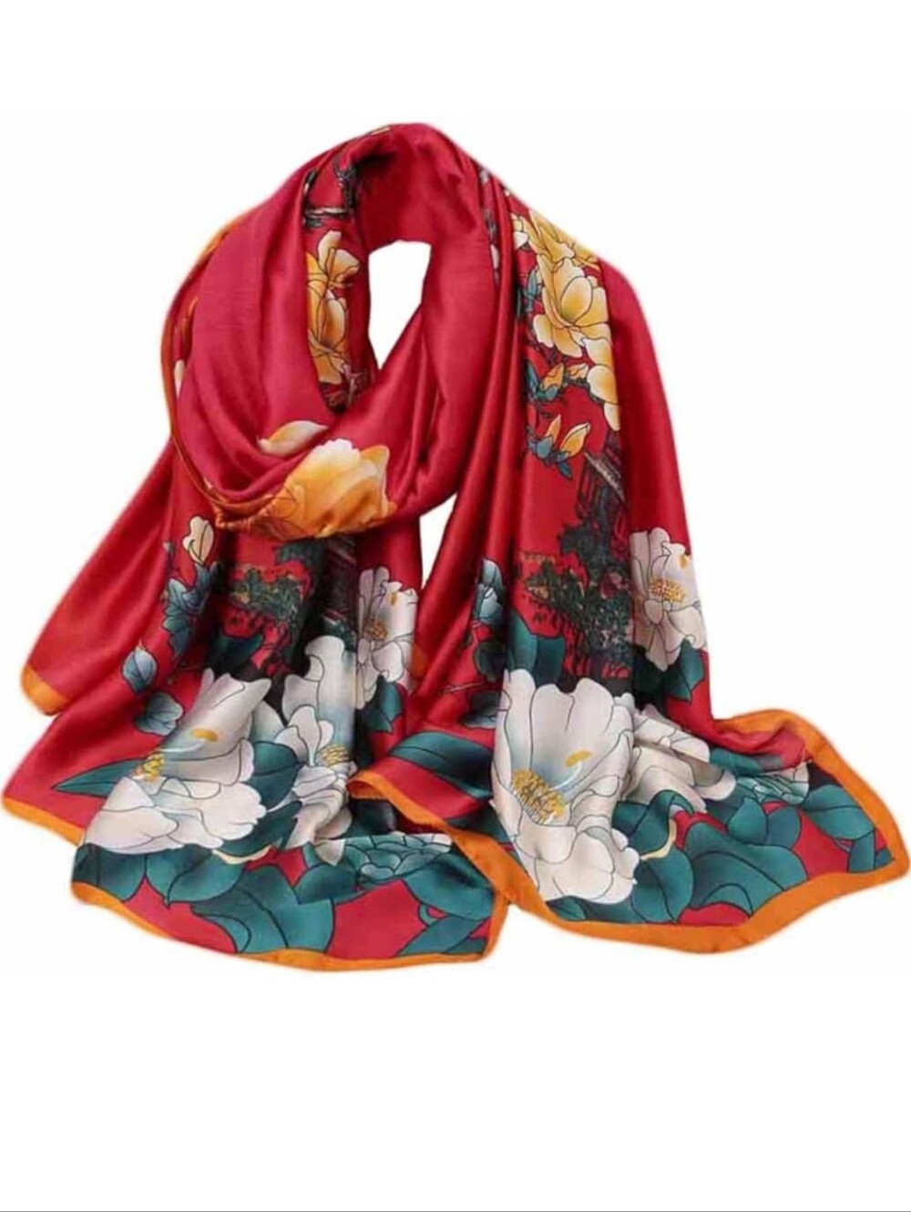 Floral Red Satin Scarf - Elegant Women's Accessory